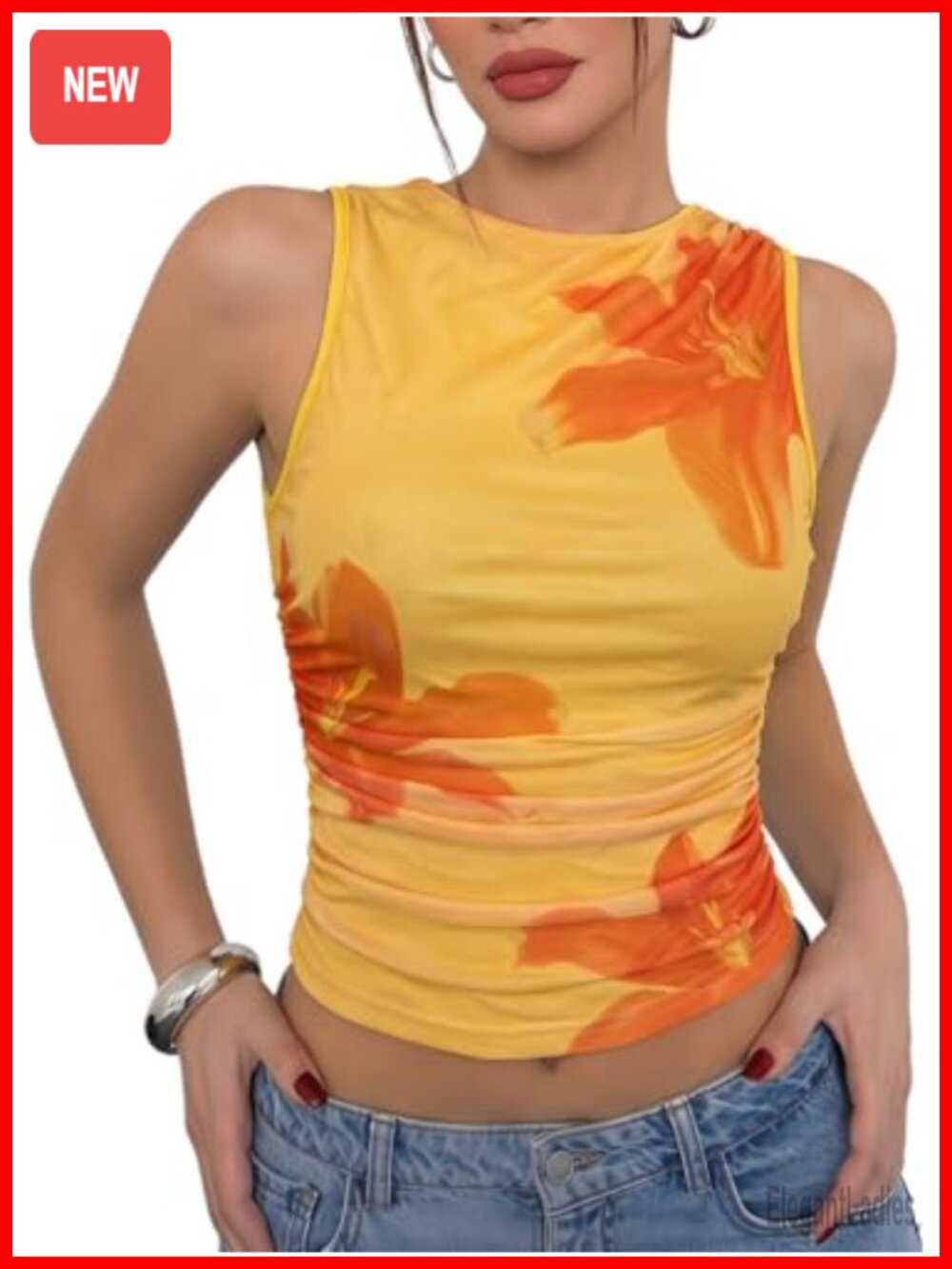 Women's Floral Mesh Tank Top Y2K Ruched Slim Fit Sleeveless Top
